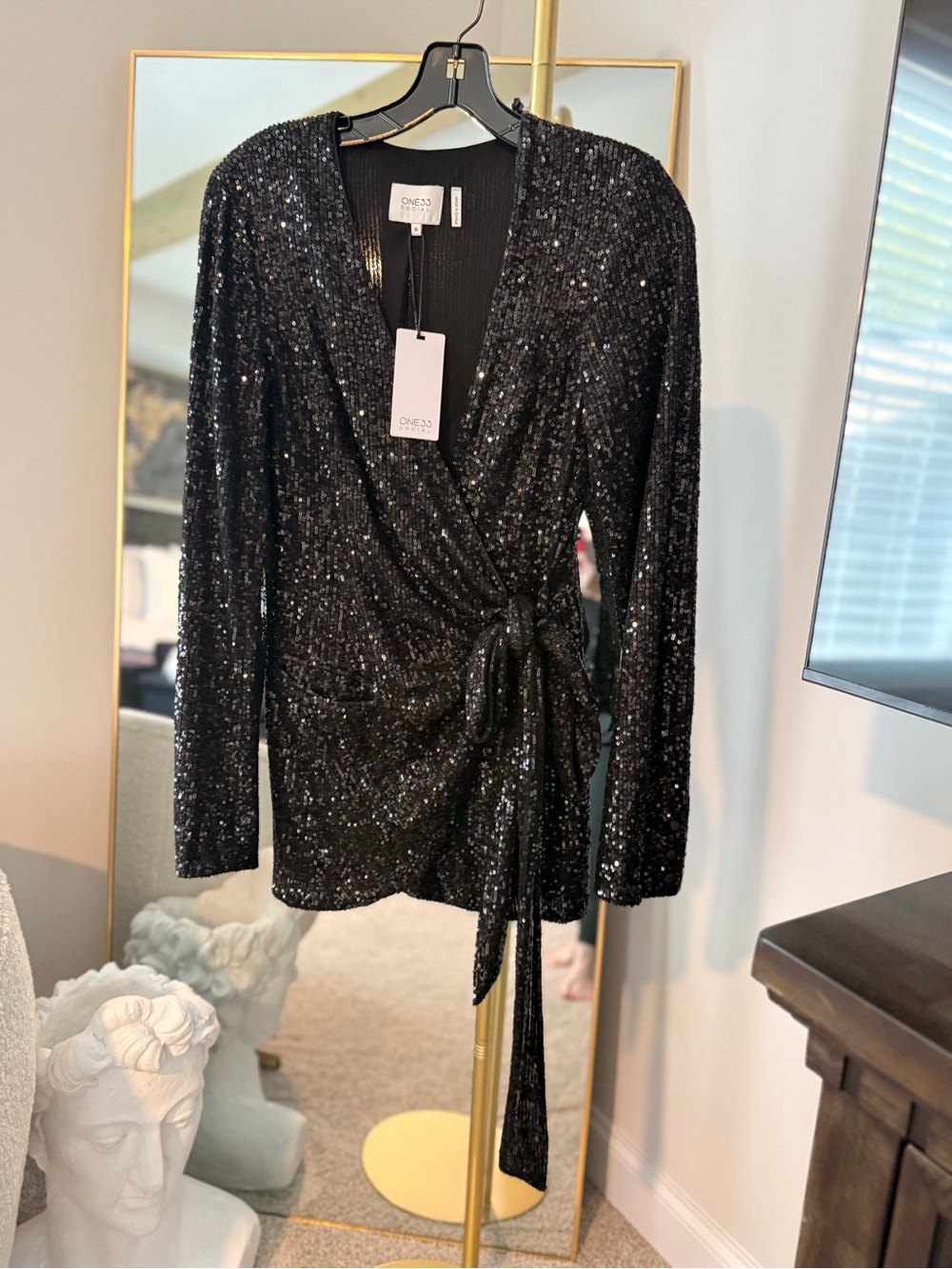 ONE33 Social Black Sequin Wrap Top